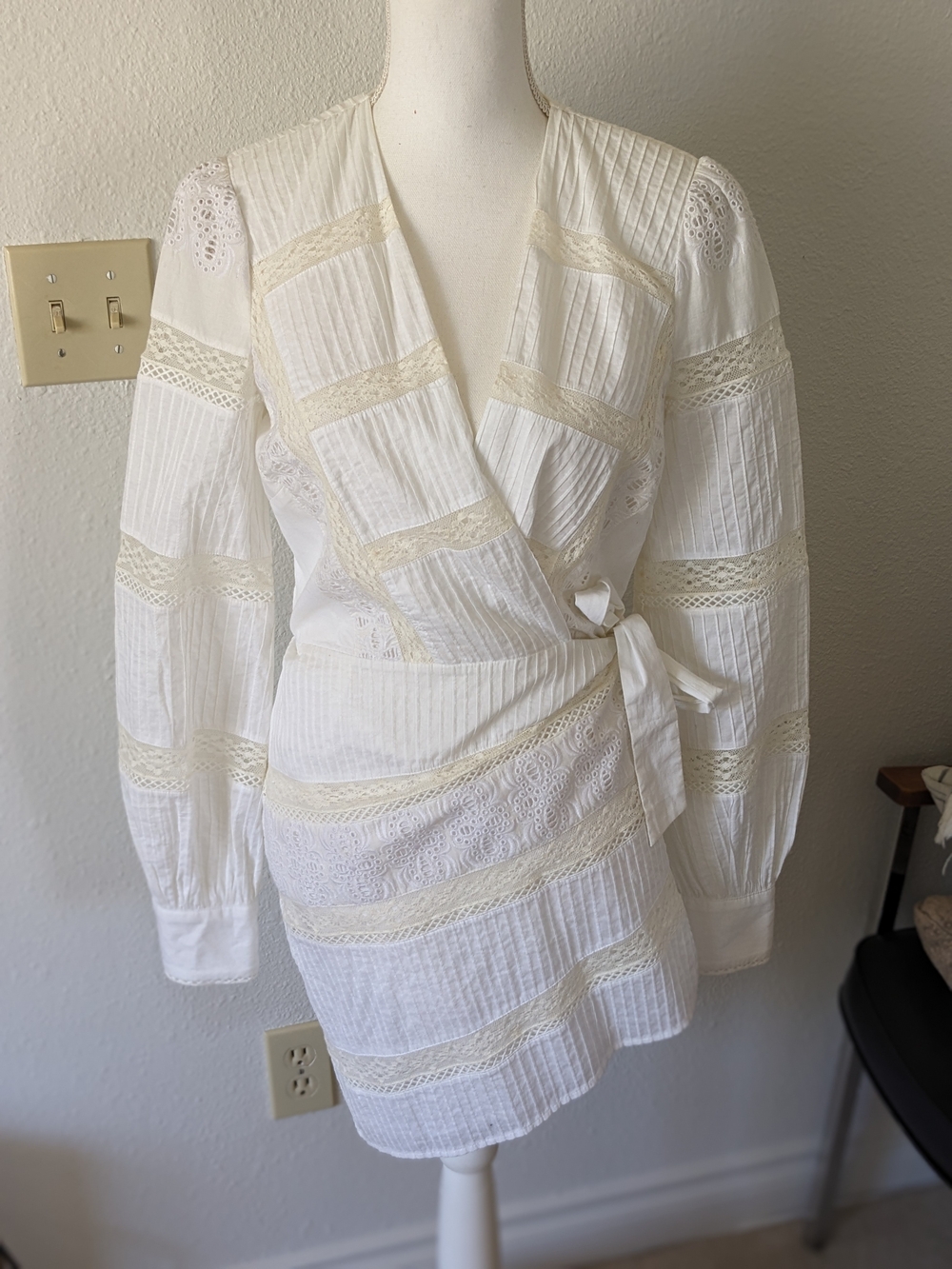 Reformation White Lacey Long Sleeve Wrap Front Mini Dress